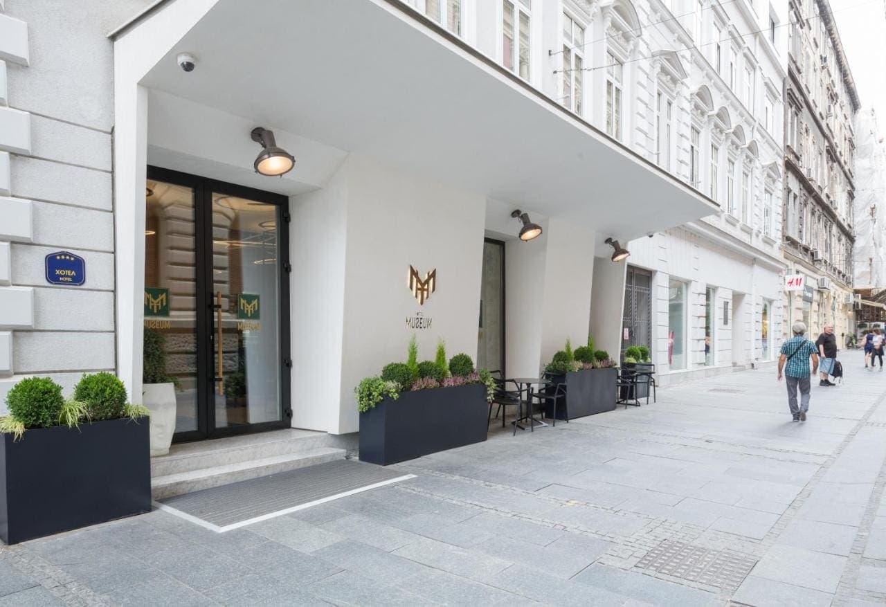 The hotel entrance on a pedestrian street