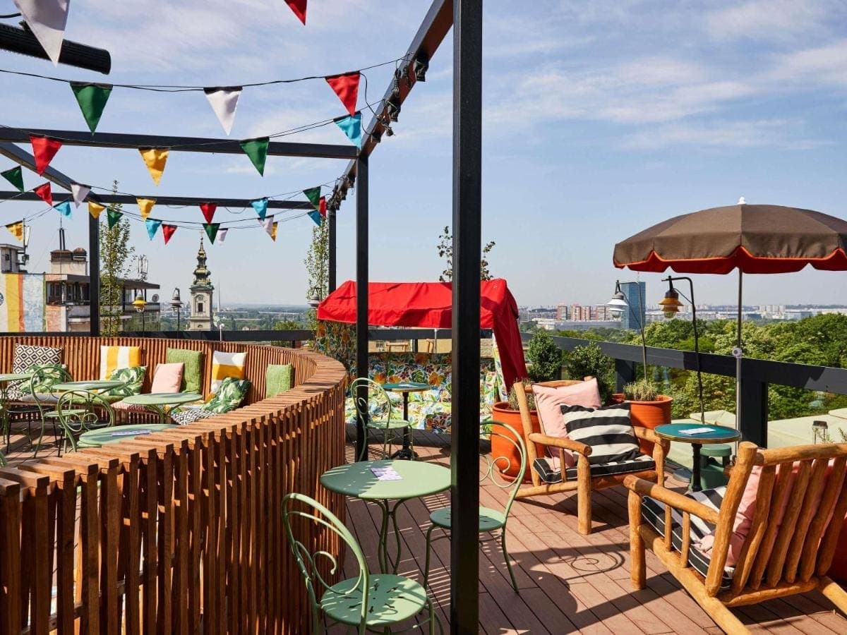 The rooftop terrace by day, looking over the city